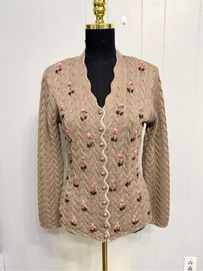 Stockerpoint Taupe Cable Knit Cardigan Pink Floral Embroidery Pearl Buttons